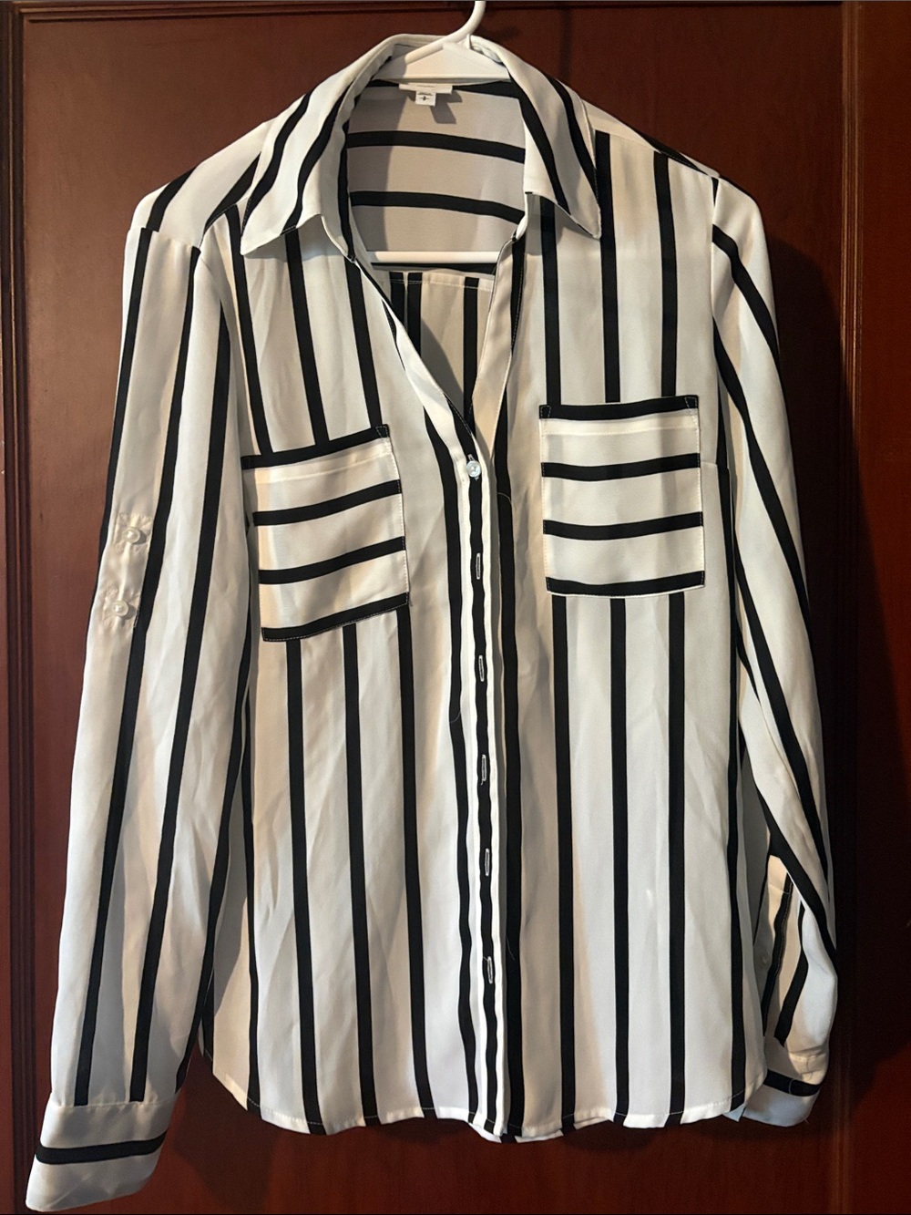 Black and White Vertical Stripe Button-Down Blouse